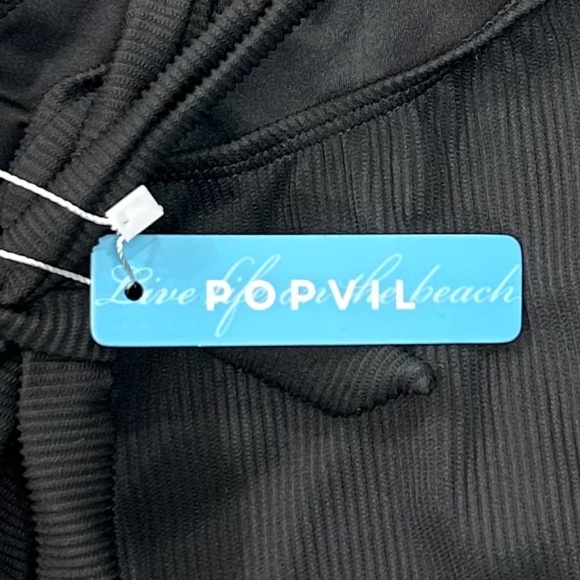 Popvil NWT Black Ribbed One Piece V-Neck Cut Out Front Swimsuit Size M - Picture 4 of 9